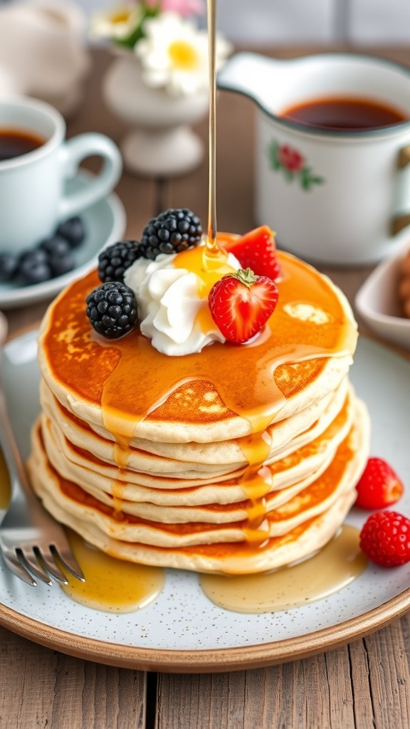 Fluffy oat flour pancakes topped with berries and syrup on a rustic plate.